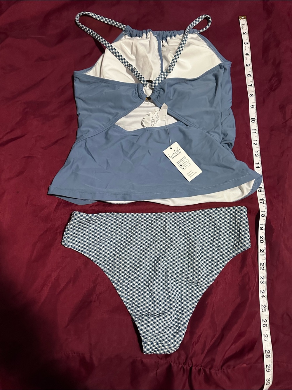 Women's Light Blue Tankini Set with Patterned Bikini Bottom - Picture 2 of 3